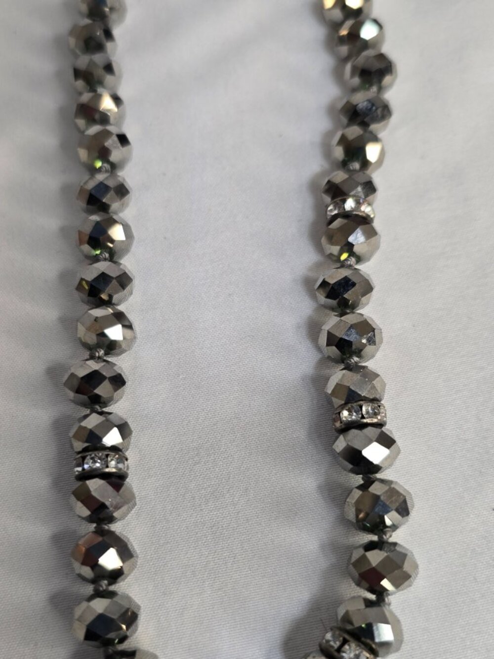Shiny Silver Tone Beaded Necklace with Rhinestone Spacer Beads